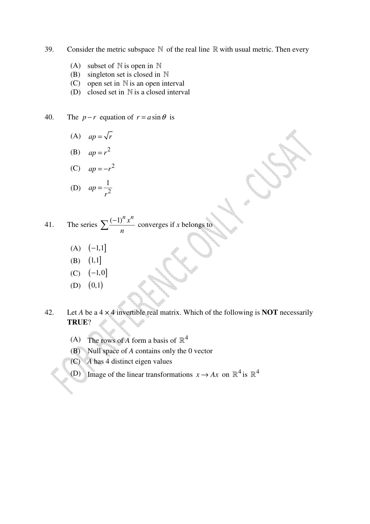 CUSAT CAT 2023 MATHEMATICS PG Question Paper - Page 9