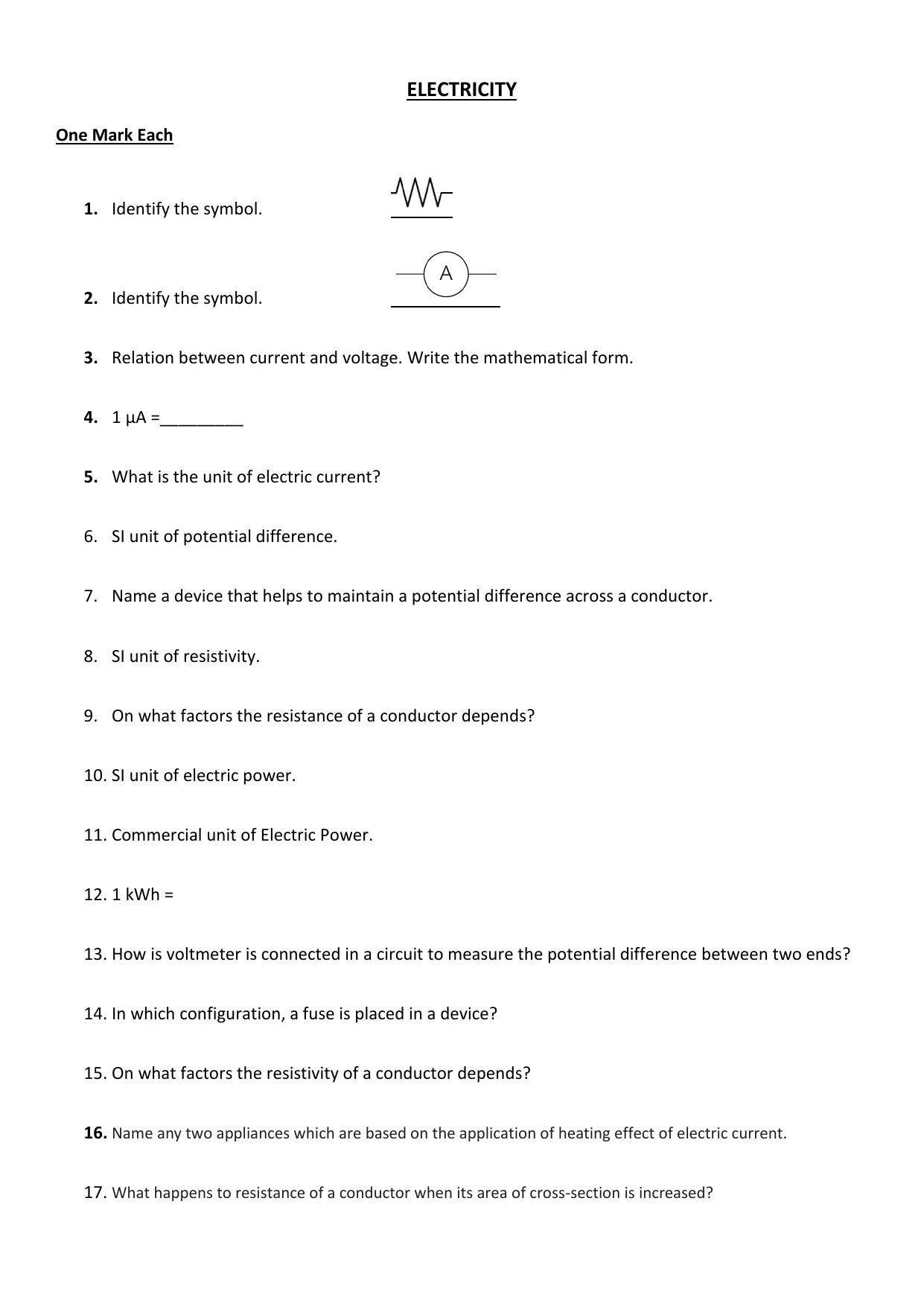 JKBOSE Class 10 Electricity (Physics) Question Bank - Page 1