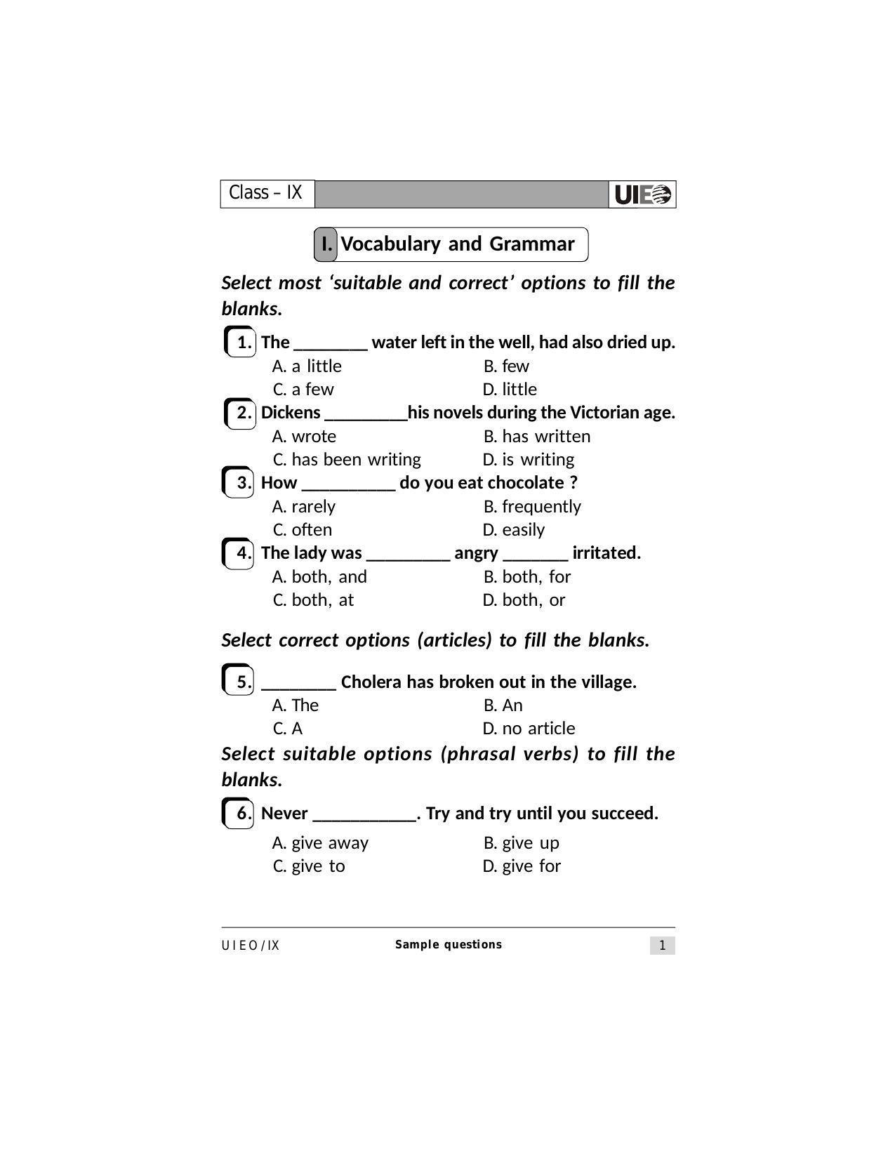 UIEO Sample Paper for Class 9 - Page 1