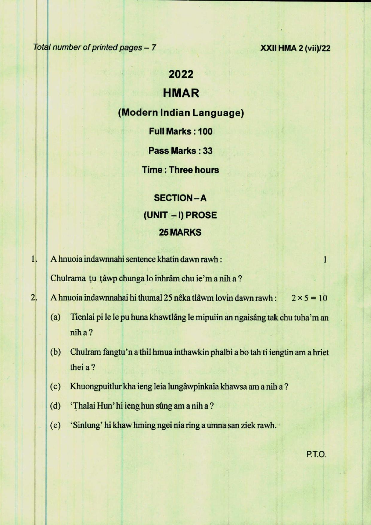 COHSEM 12th Question Papers 2022 Hmar (M.I.L.) - Page 1