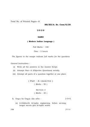 Meghalaya Board (MBOSE) Class 12 GARO 2020 Question Paper