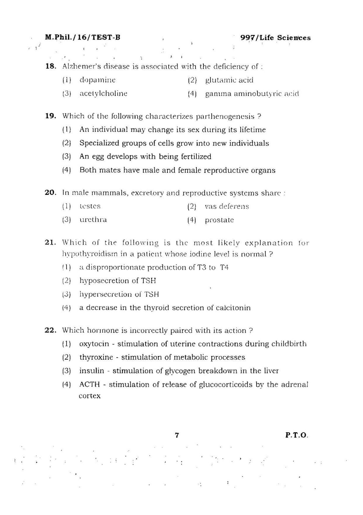 BHU RET Life Sciences 2016 Question Paper - Page 7