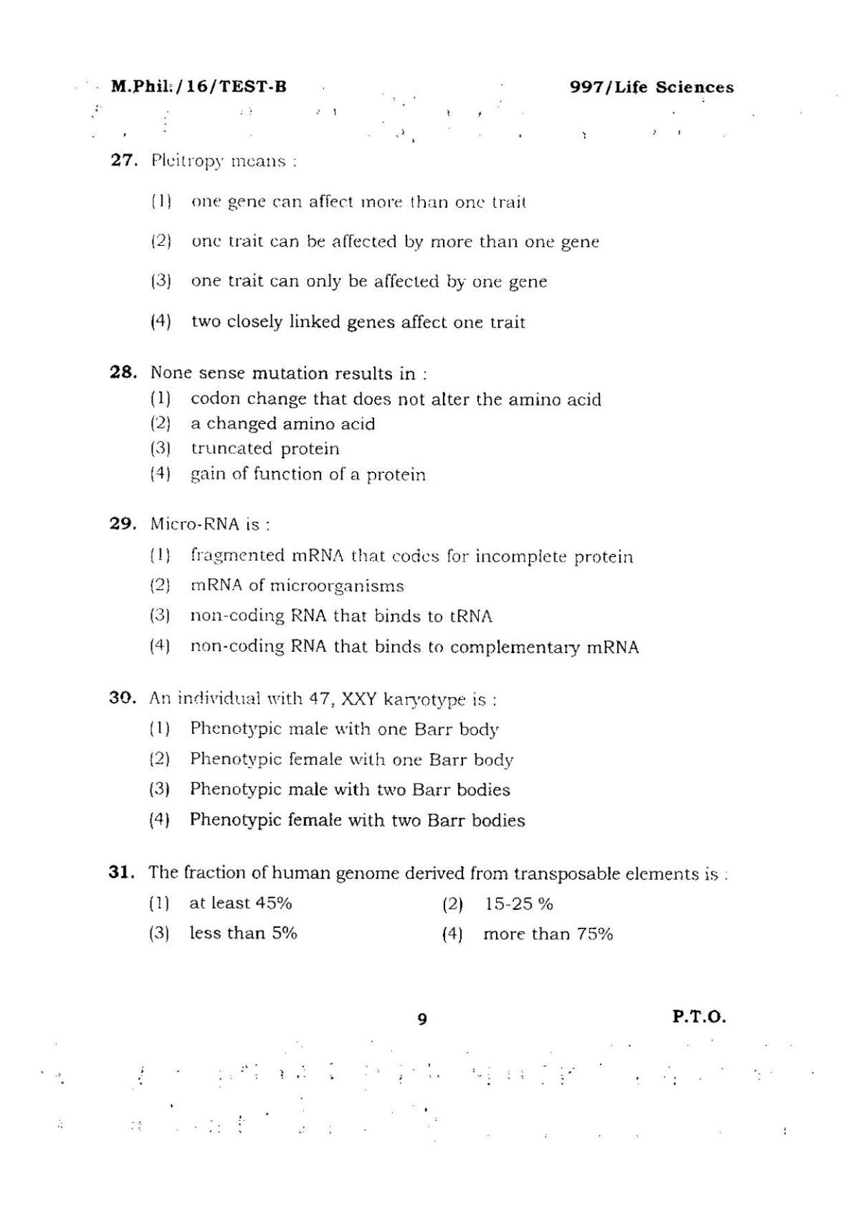 BHU RET Life Sciences 2016 Question Paper - Page 9