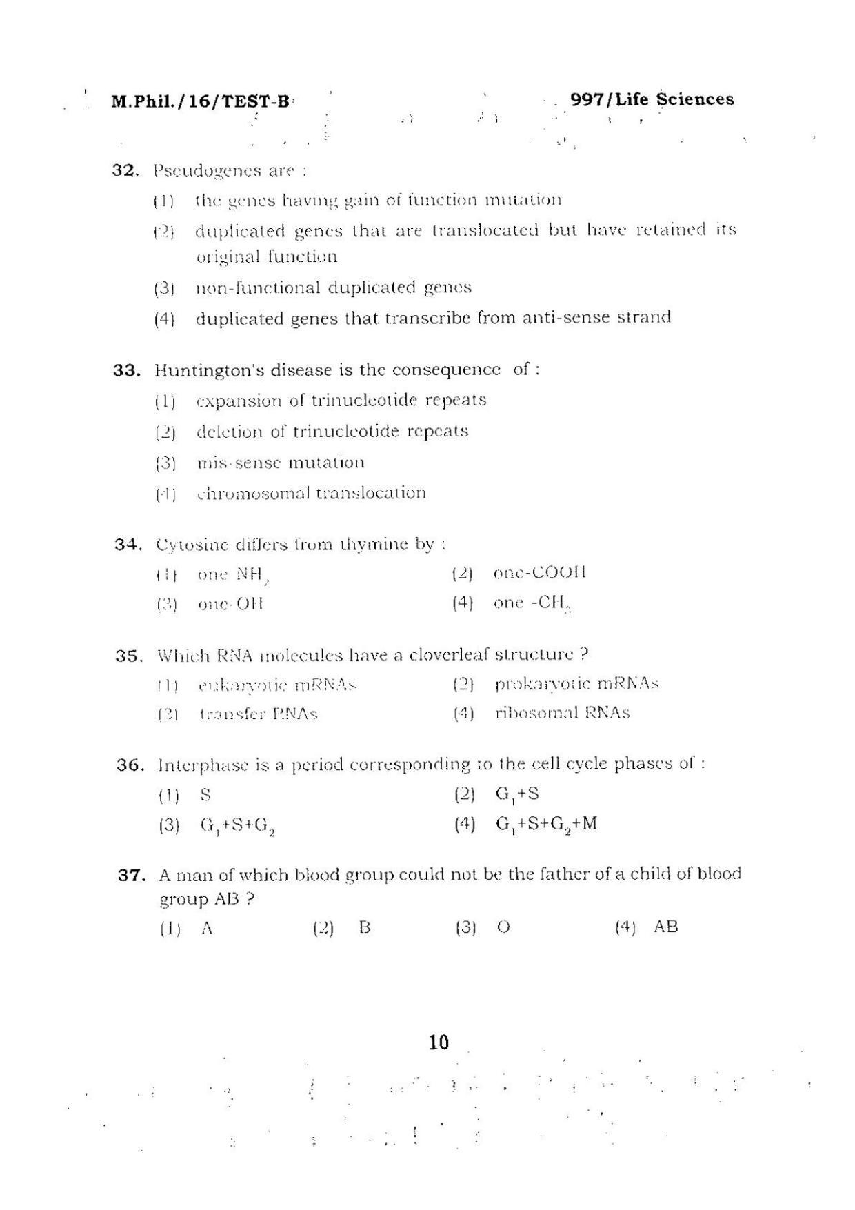BHU RET Life Sciences 2016 Question Paper - Page 10