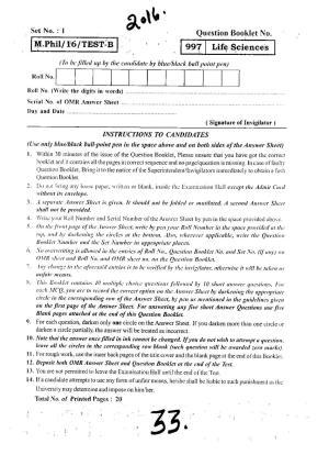 BHU RET Life Sciences 2016 Question Paper