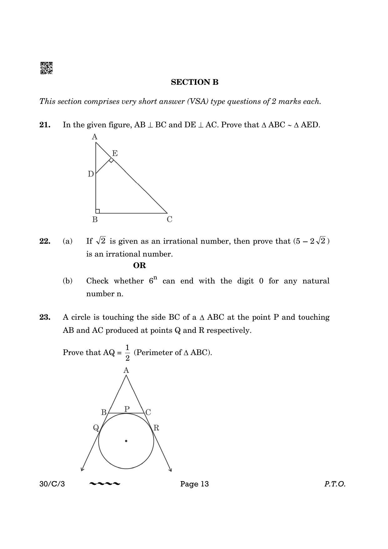CBSE Class 10 30-3 Maths Std. 2023 (Compartment) Question Paper - Page 13