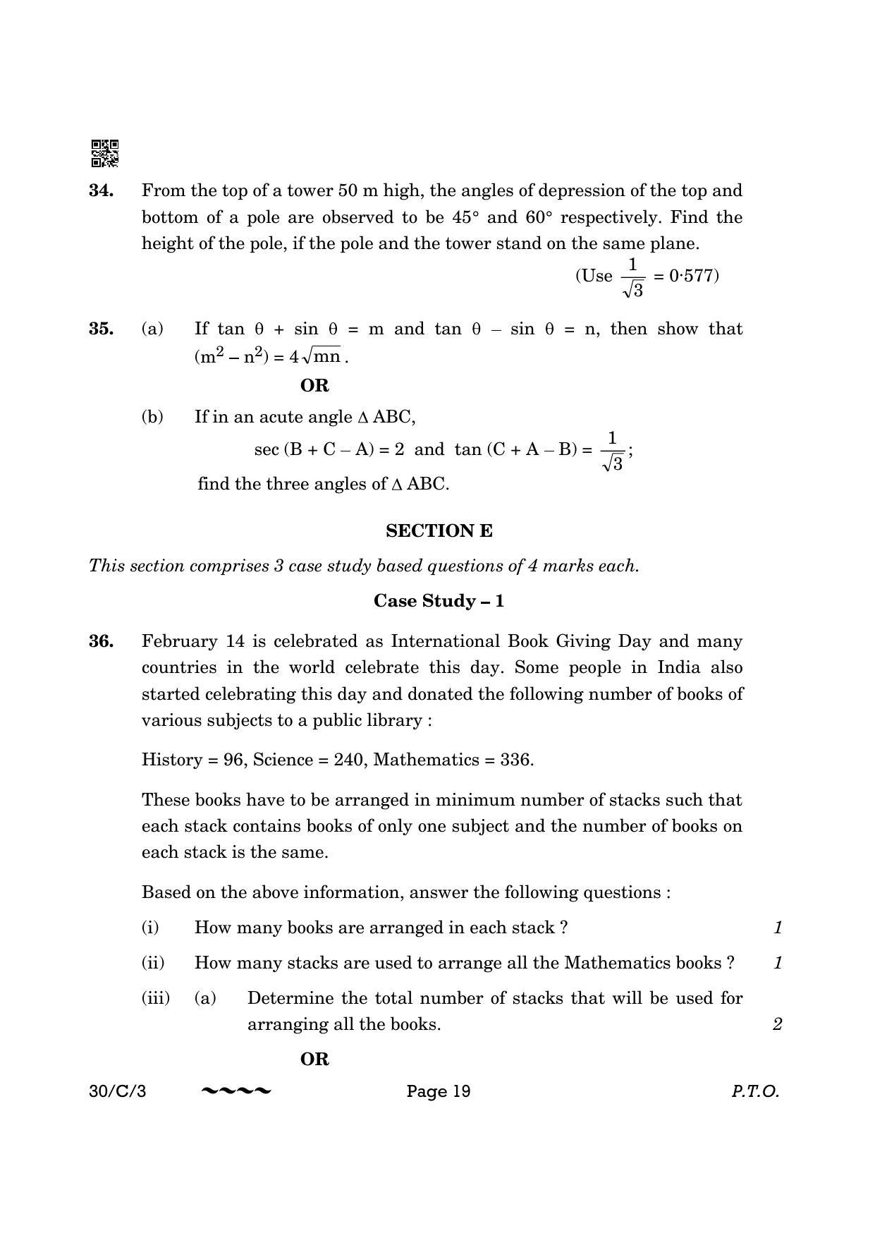 CBSE Class 10 30-3 Maths Std. 2023 (Compartment) Question Paper - Page 19