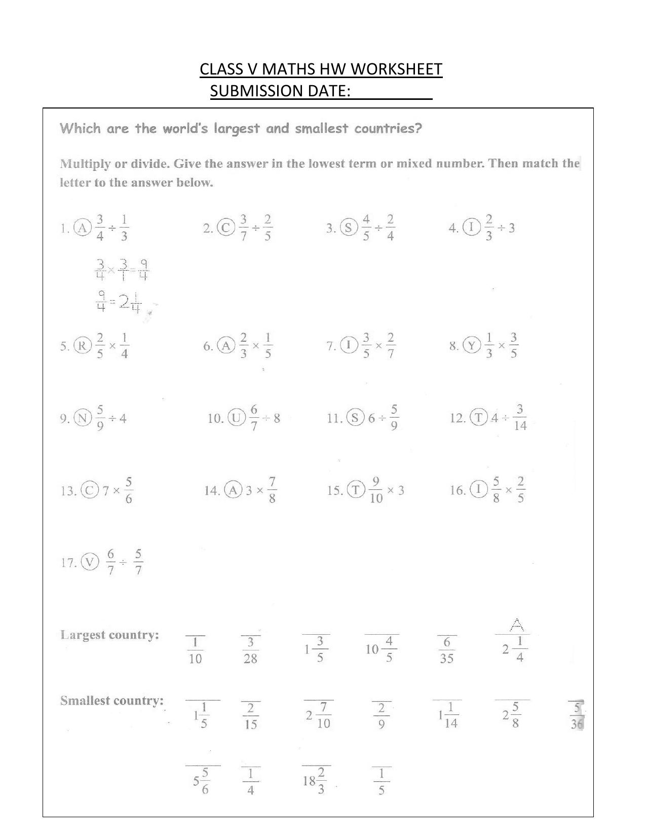 Worksheet for Class 5 Maths Fractions Assignment 5 - Page 1