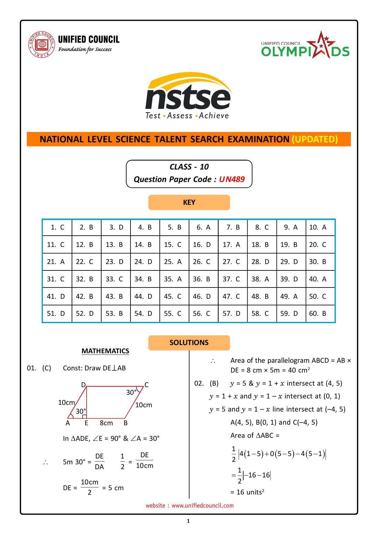 NSTSE 2023 Class 10 Answer Key (Paper Code 489) - Page 1