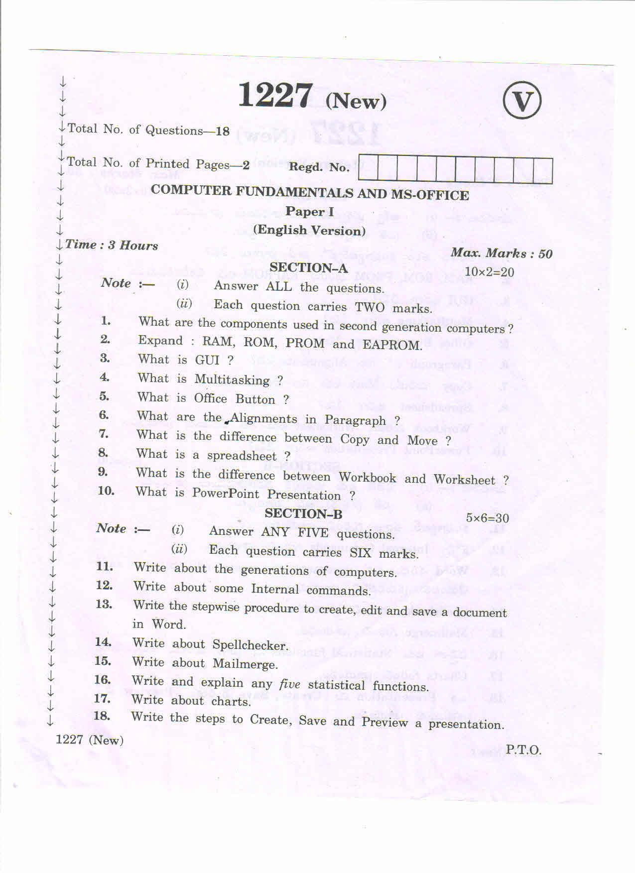 AP Inter 2nd Year Vocational Question Paper March - 2020 - Computer Fundamentals & MS Office-I - Page 1