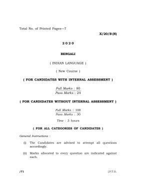 Meghalaya Board (MBOSE) Class 10 BENGALI ( INDIAN LANGUAGE ) ( New Course ) 2020 Question Paper