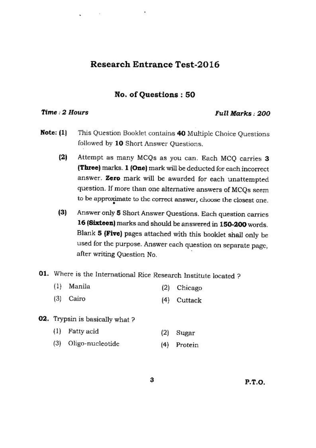 BHU RET (Agriculture) Plant Physiology 2016 Question Paper - Page 3