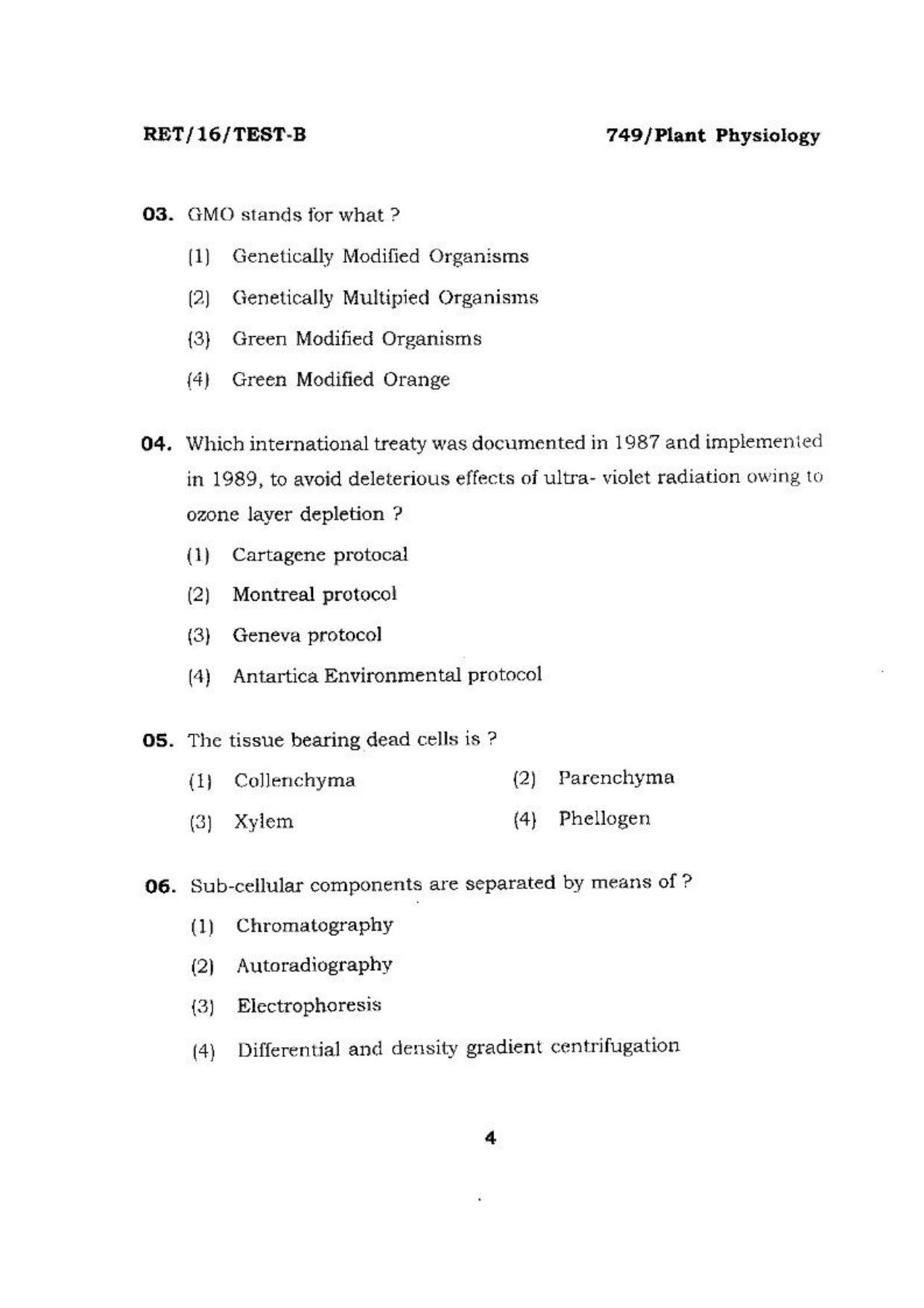 BHU RET (Agriculture) Plant Physiology 2016 Question Paper - Page 4