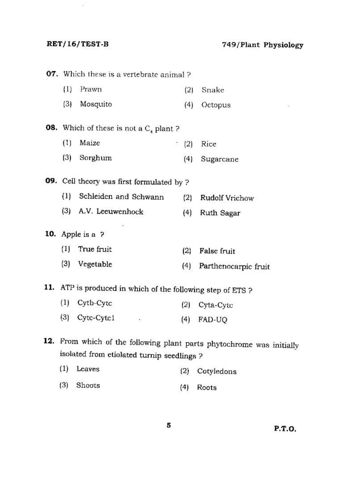BHU RET (Agriculture) Plant Physiology 2016 Question Paper - Page 5