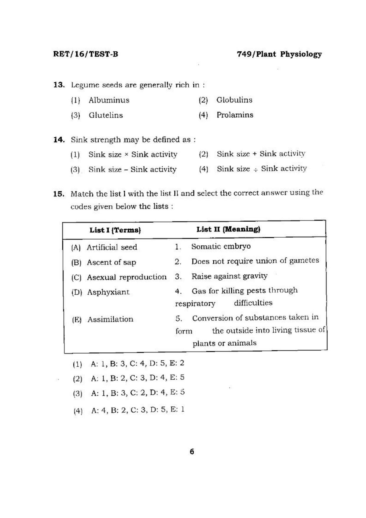 BHU RET (Agriculture) Plant Physiology 2016 Question Paper - Page 6
