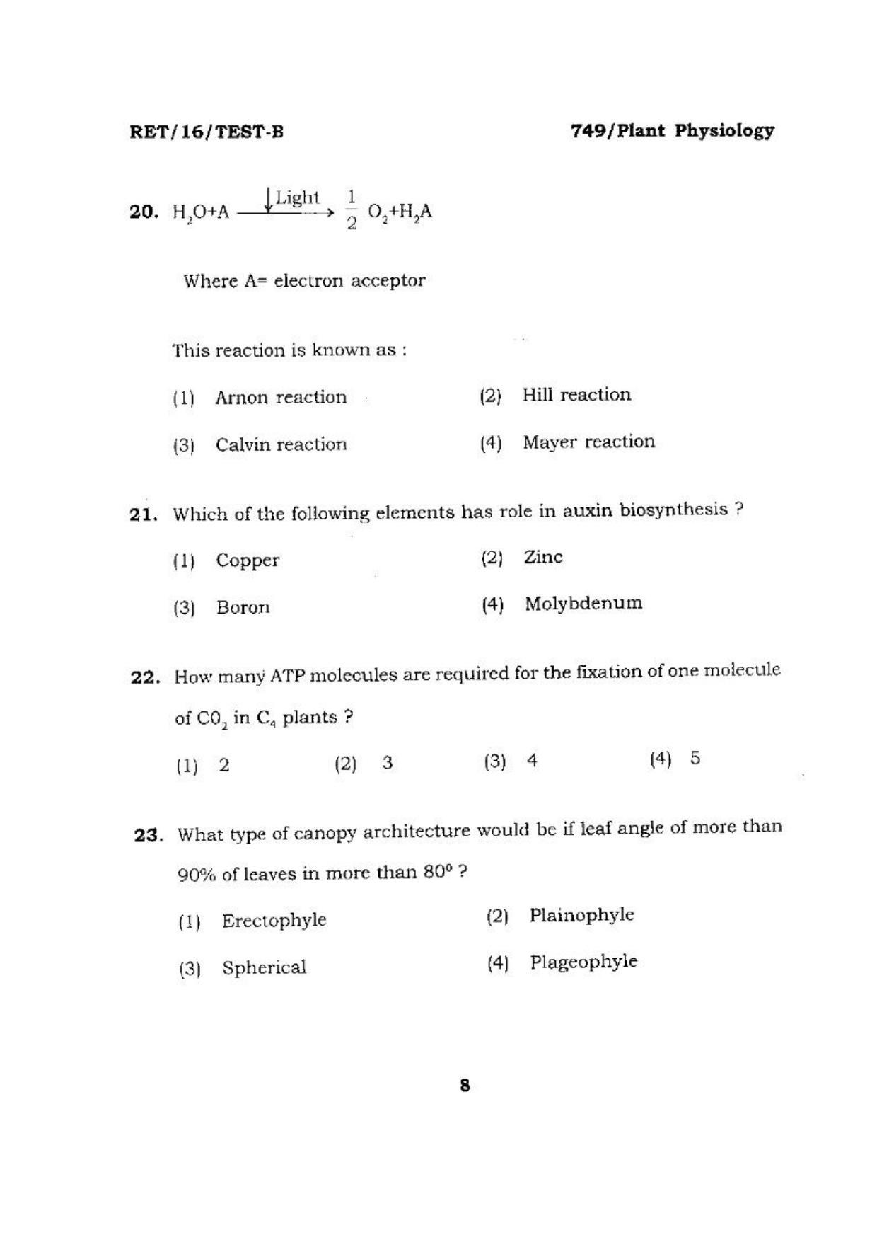 BHU RET (Agriculture) Plant Physiology 2016 Question Paper - Page 8