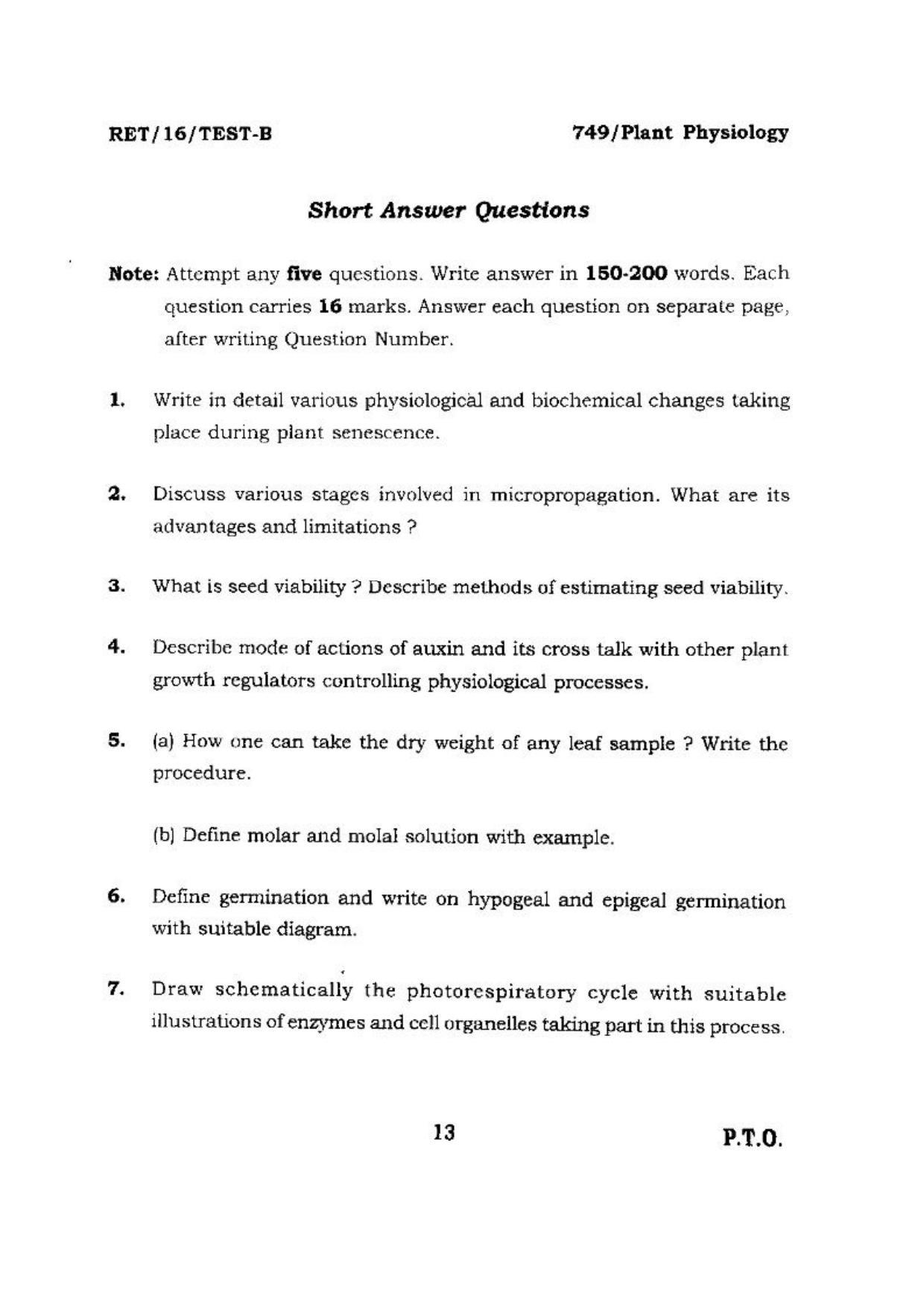 BHU RET (Agriculture) Plant Physiology 2016 Question Paper - Page 13