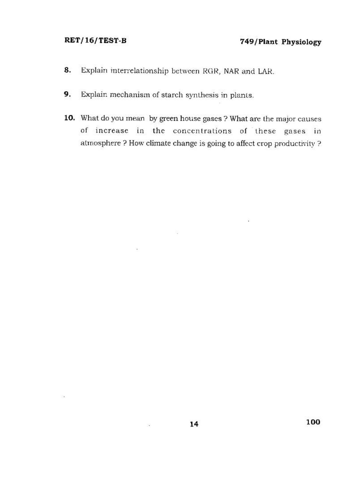 BHU RET (Agriculture) Plant Physiology 2016 Question Paper - Page 14