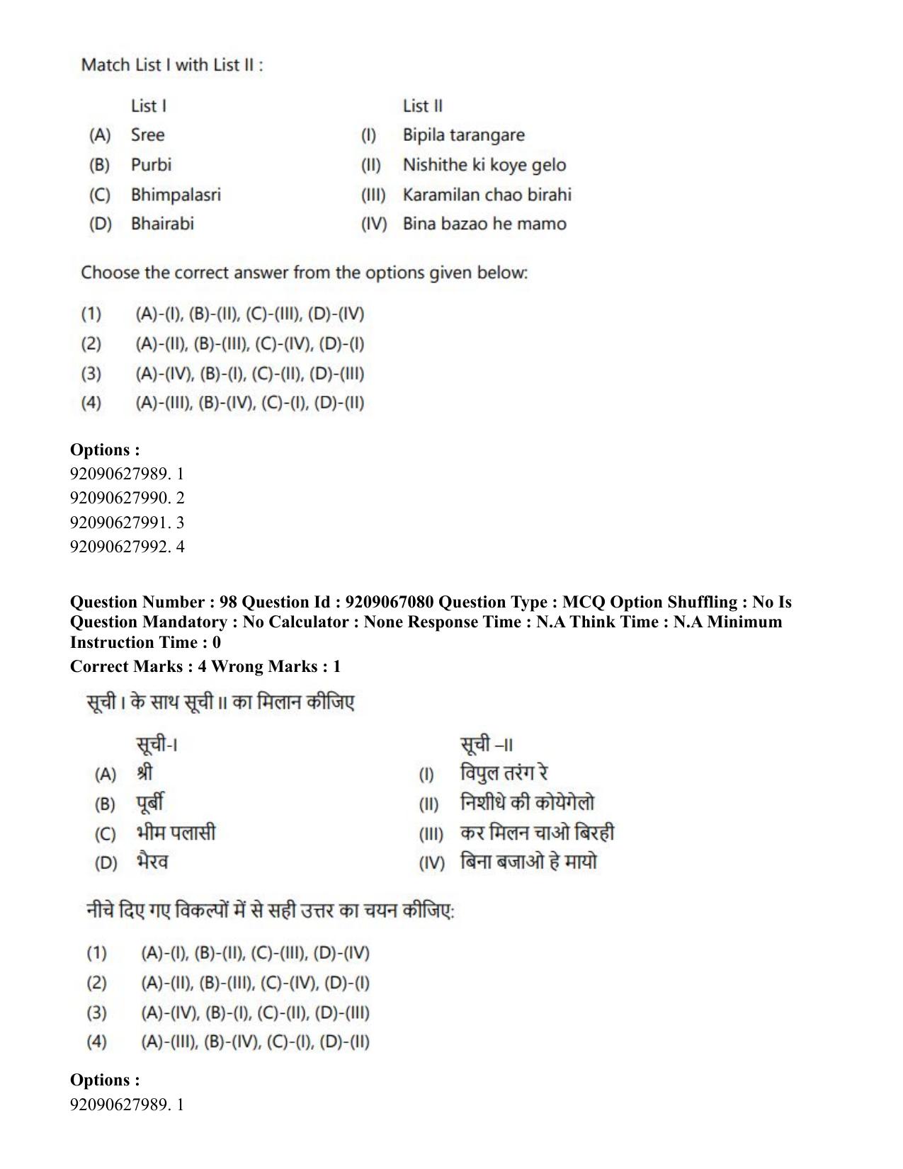 CUET PG 2023: HUQP26 – Rabindra Sangeet (Hindi)-shift 1 (08-06-2023) Question Paper - Page 100