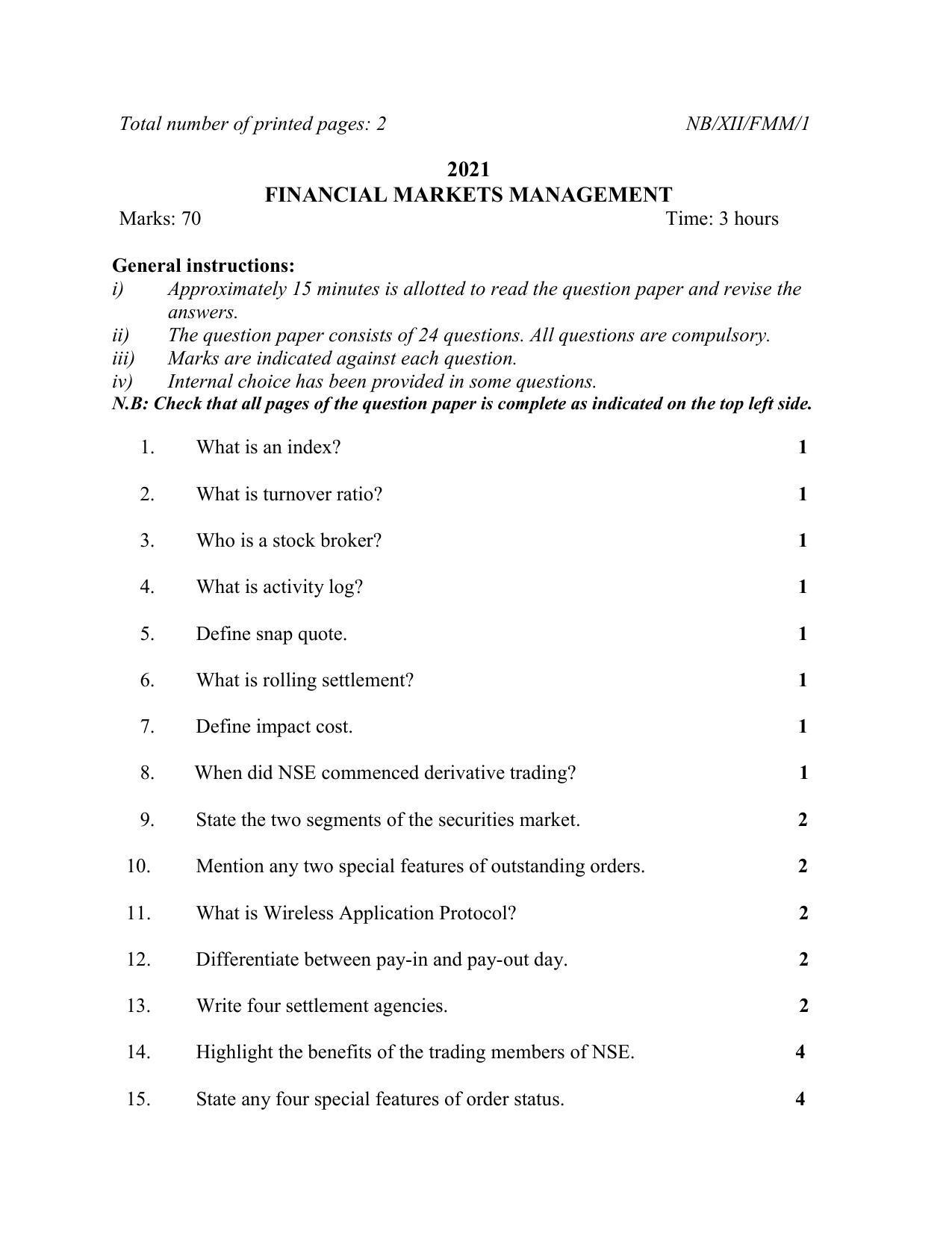 Nagaland Board Class 12 Financial Market Management 2021 Question Paper - Page 1