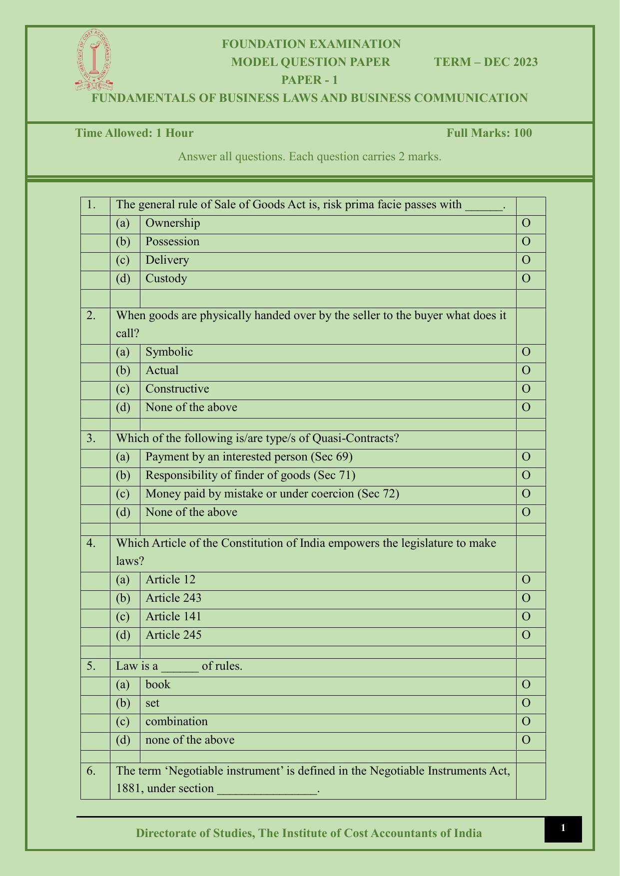 ICMAI Dec 2023 - Paper 1 – Fundamentals Of Business Laws And Business Communication - Page 1