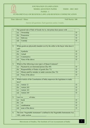 ICMAI Dec 2023 - Paper 1 – Fundamentals Of Business Laws And Business Communication