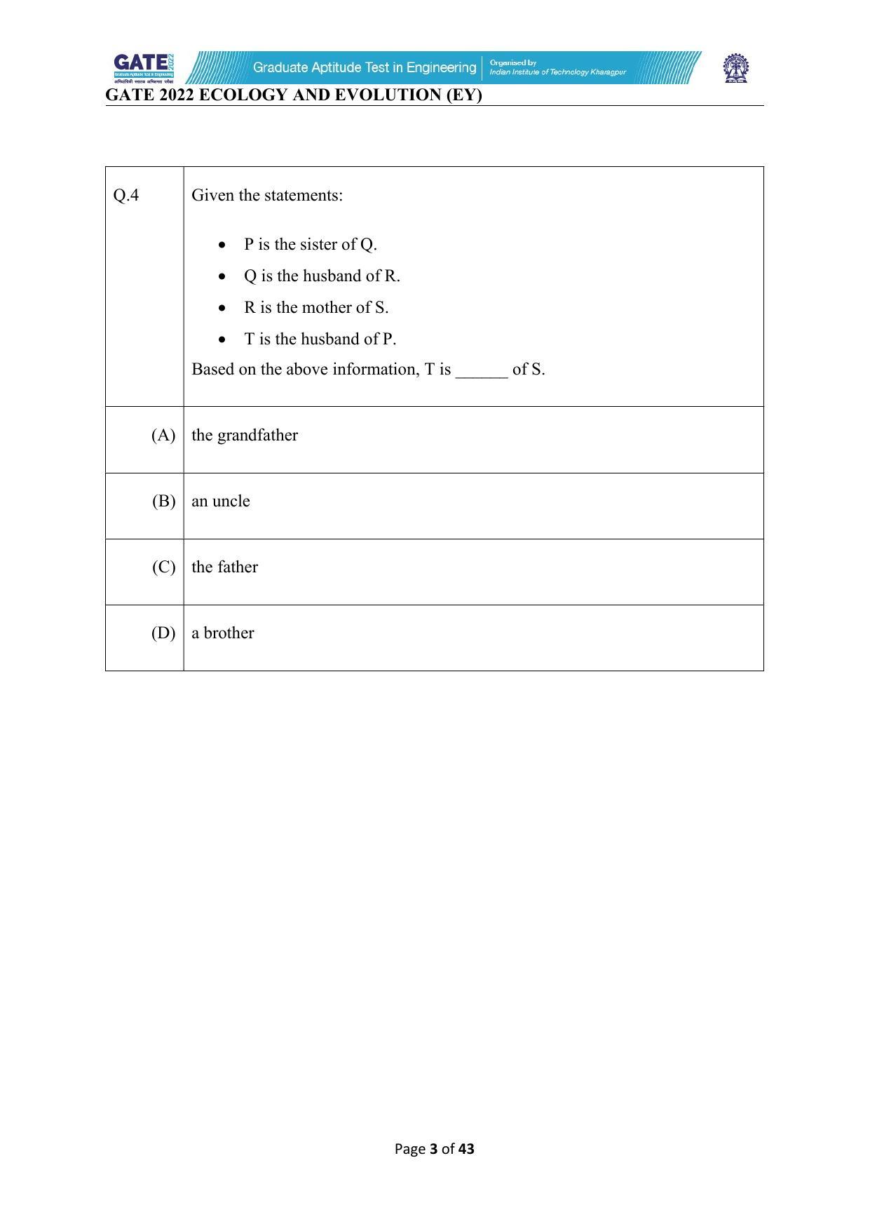 GATE 2022 Ecology and Evolution (EY) Question Paper - Page 3