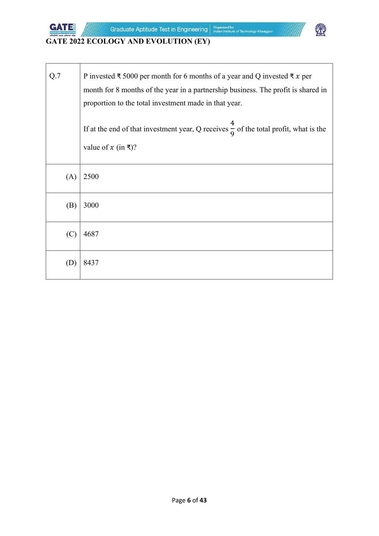 GATE 2022 Ecology and Evolution (EY) Question Paper - Page 6