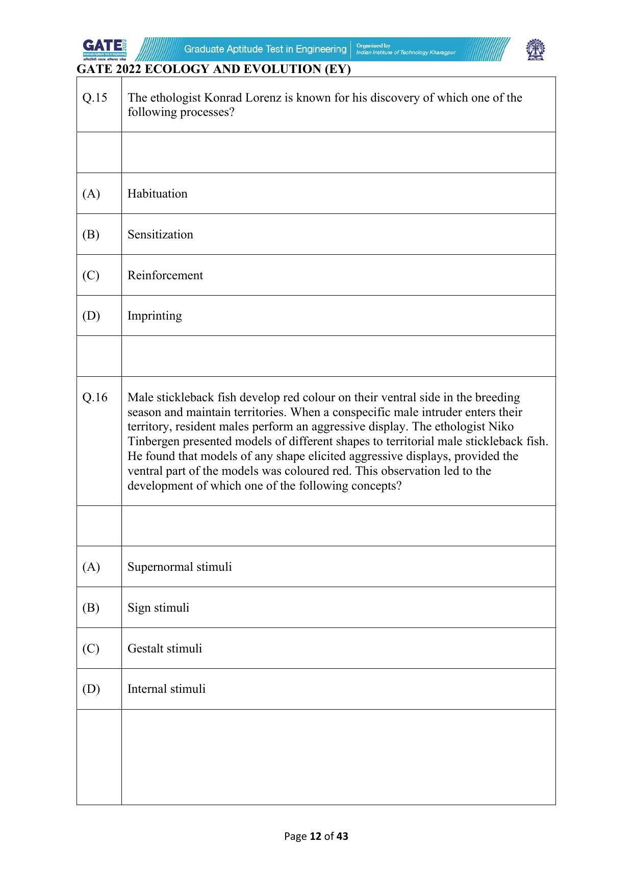 GATE 2022 Ecology and Evolution (EY) Question Paper - Page 12