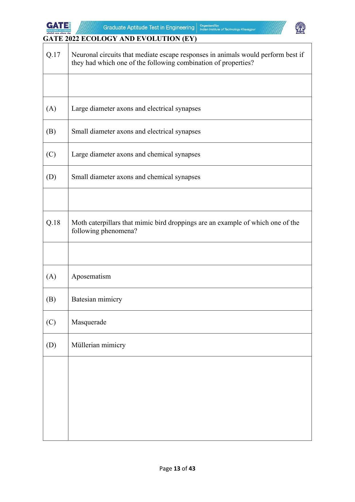 GATE 2022 Ecology and Evolution (EY) Question Paper - Page 13