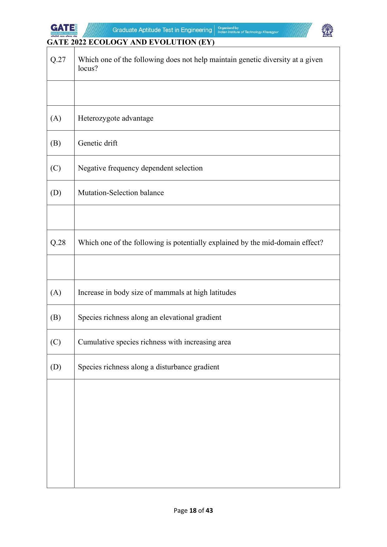 GATE 2022 Ecology and Evolution (EY) Question Paper - Page 18