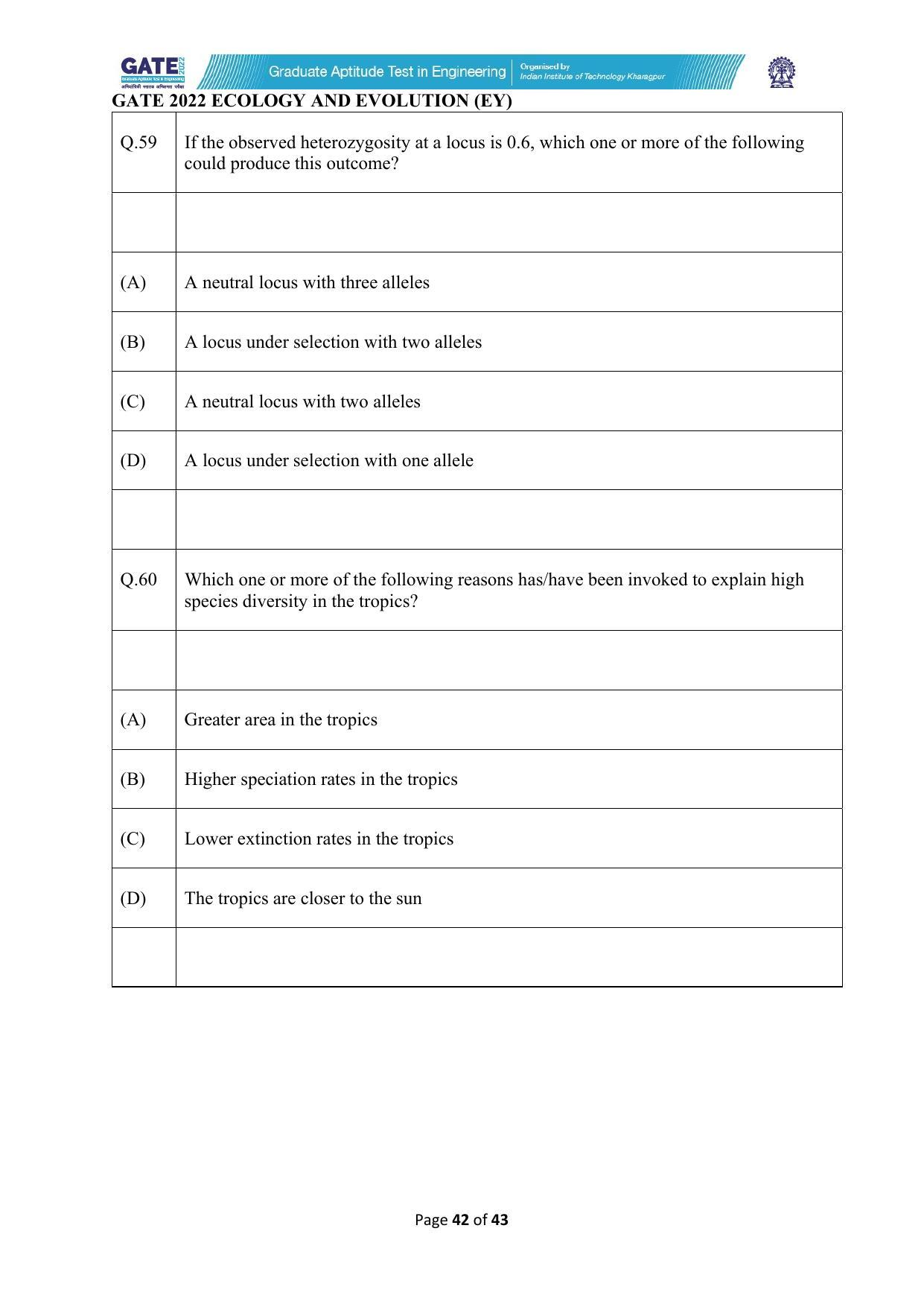 GATE 2022 Ecology and Evolution (EY) Question Paper - Page 42