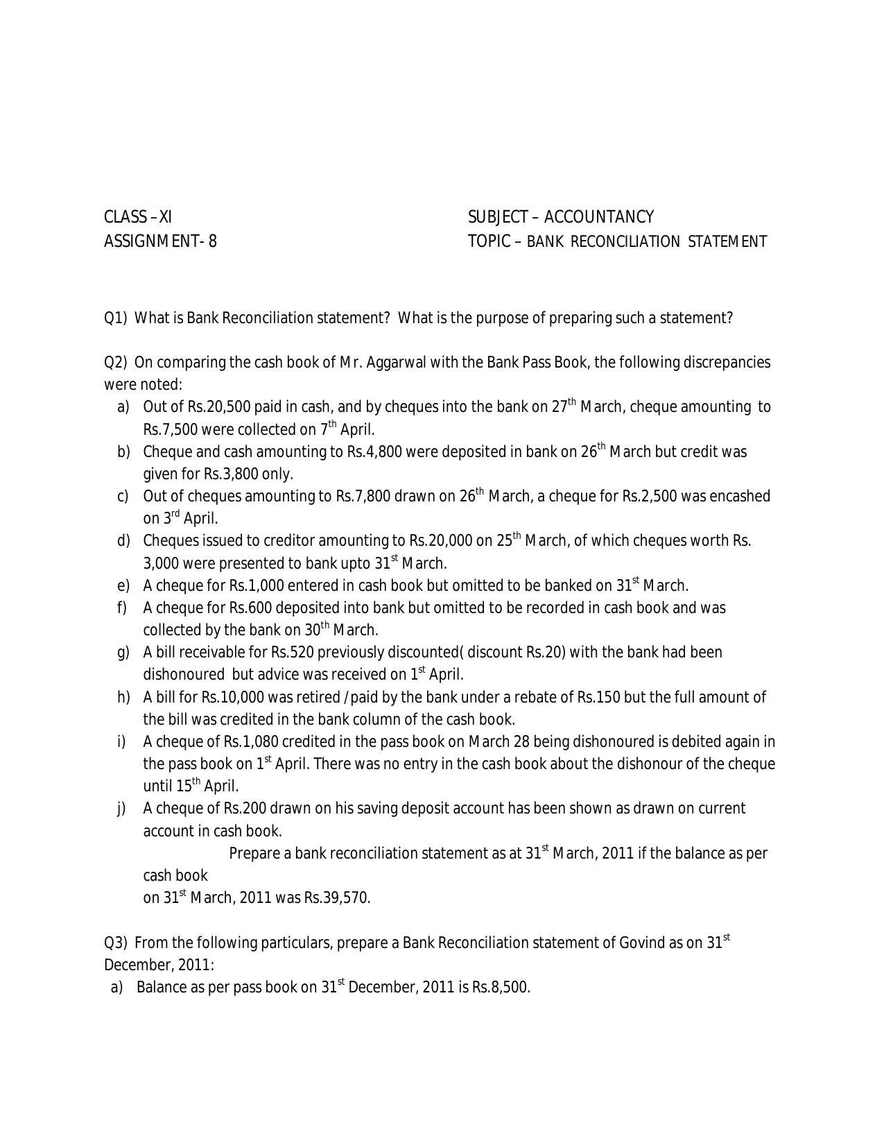 CBSE Worksheets for Class 11 Accountancy Assignment 12 - Page 1