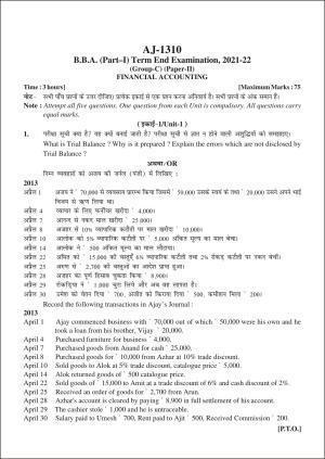 Bilaspur University Question Paper 2021-2022:B.B.A. Part-I (One) (II) Financial Accounting Paper 2