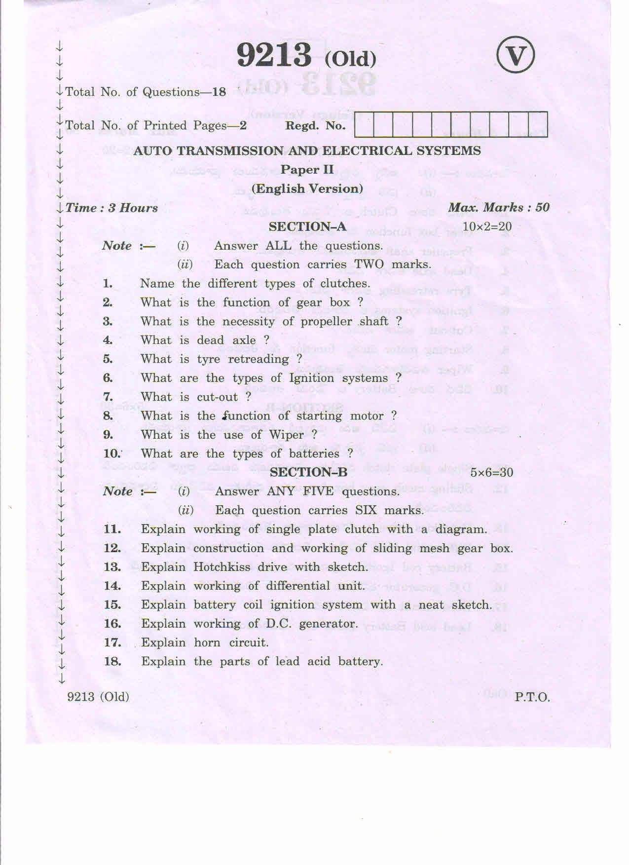 AP Inter 2nd Year Auto Transmission Electrical Systems-II (old) March-2020-Vocational Question Pape - Page 1