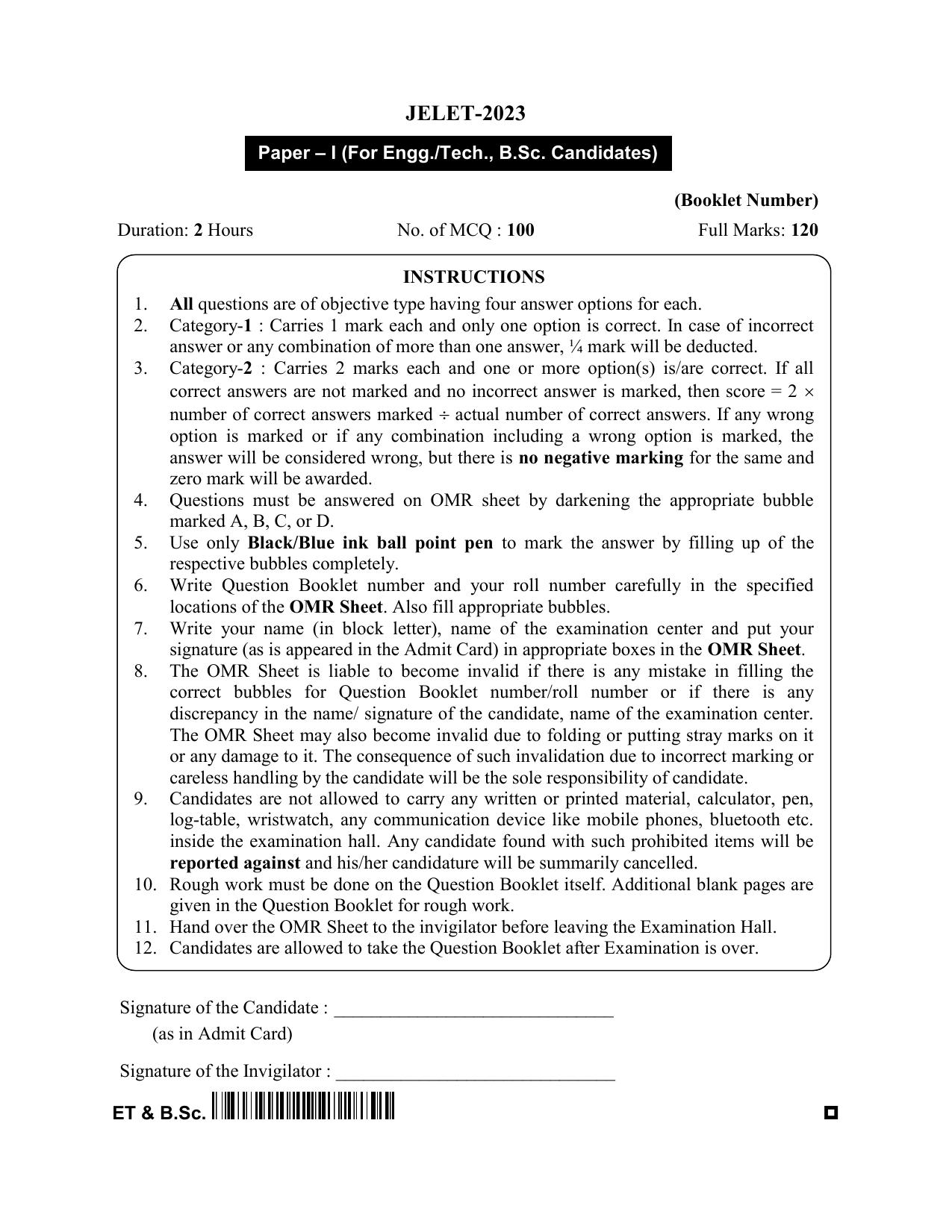WBJEE JELET 2023 Paper I (ET & BSC) Question Papers - Page 1