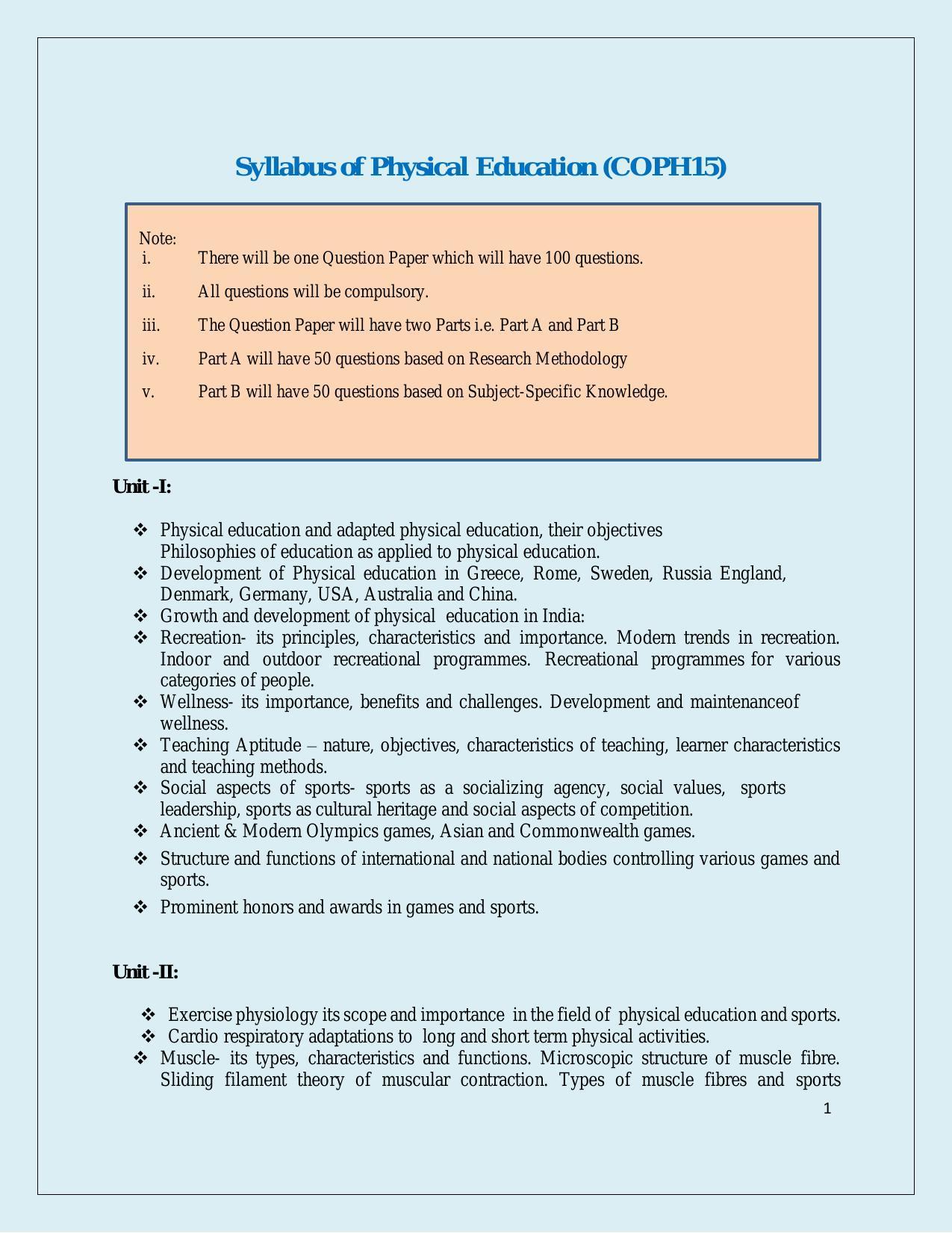 NTA PhD Entrance Exam Physical Education & Sport Science Syllabus - Page 1