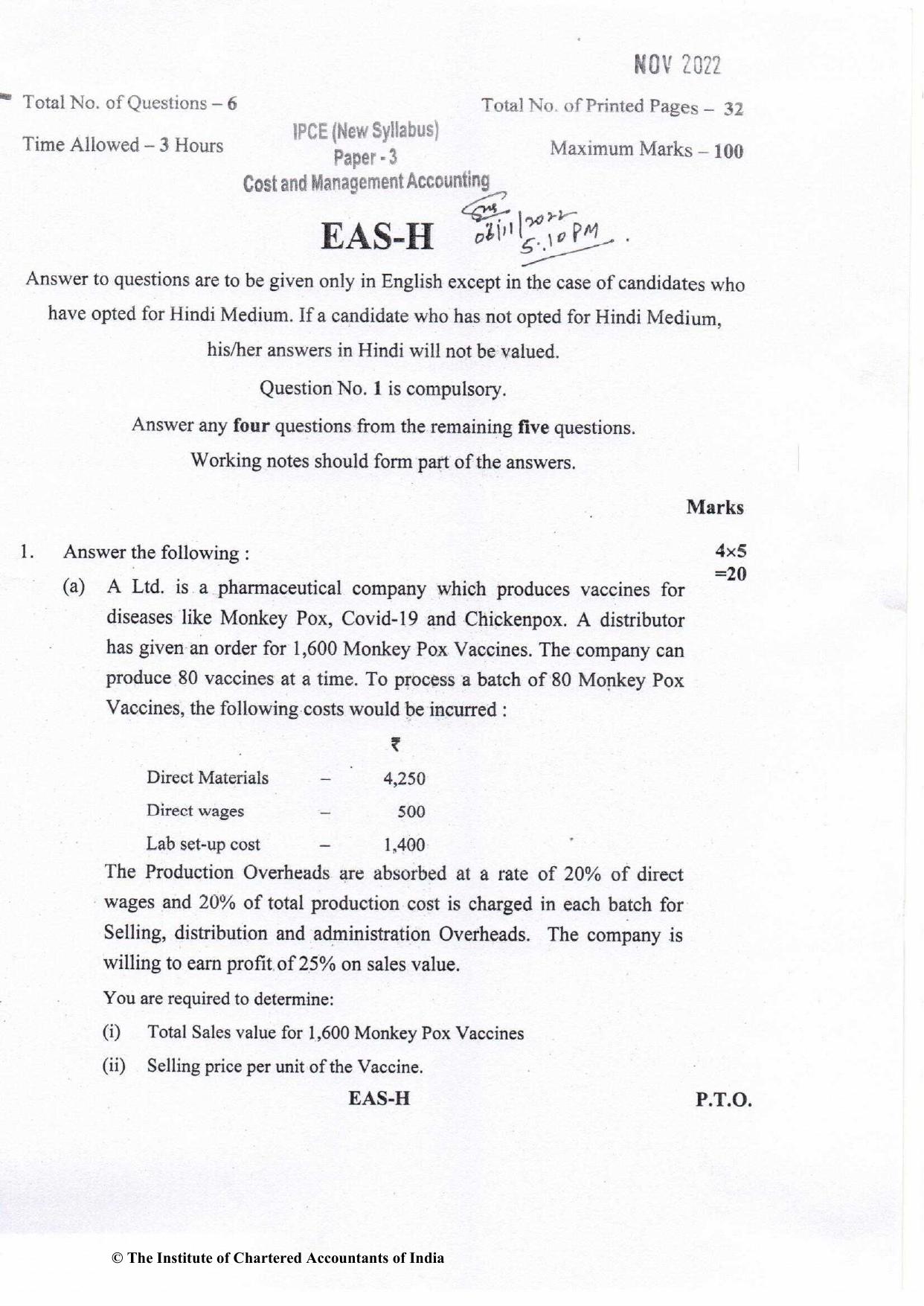 CA Inter Nov 2022 Question Paper - Paper 3 – Cost and Management Accounting - Page 1