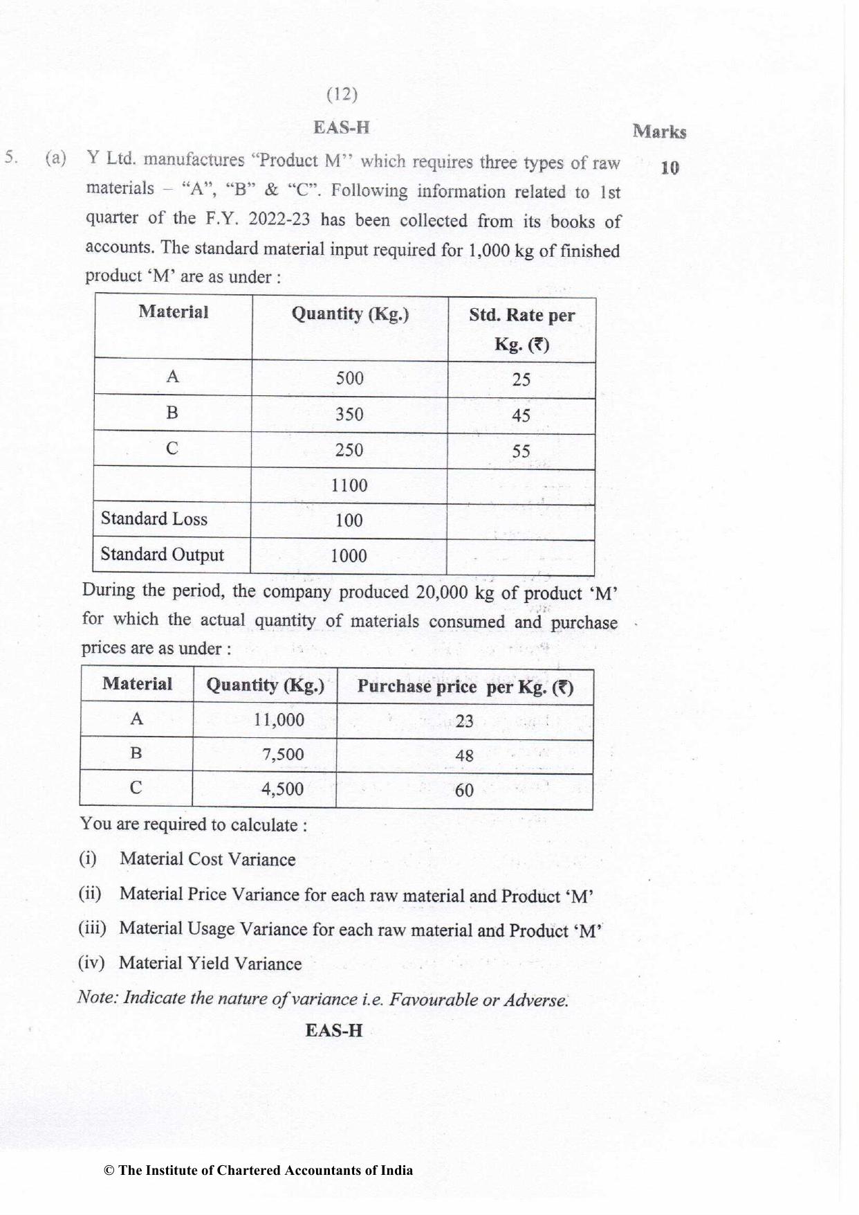 CA Inter Nov 2022 Question Paper - Paper 3 – Cost and Management Accounting - Page 12