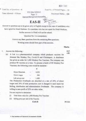 CA Inter Nov 2022 Question Paper - Paper 3 – Cost and Management Accounting