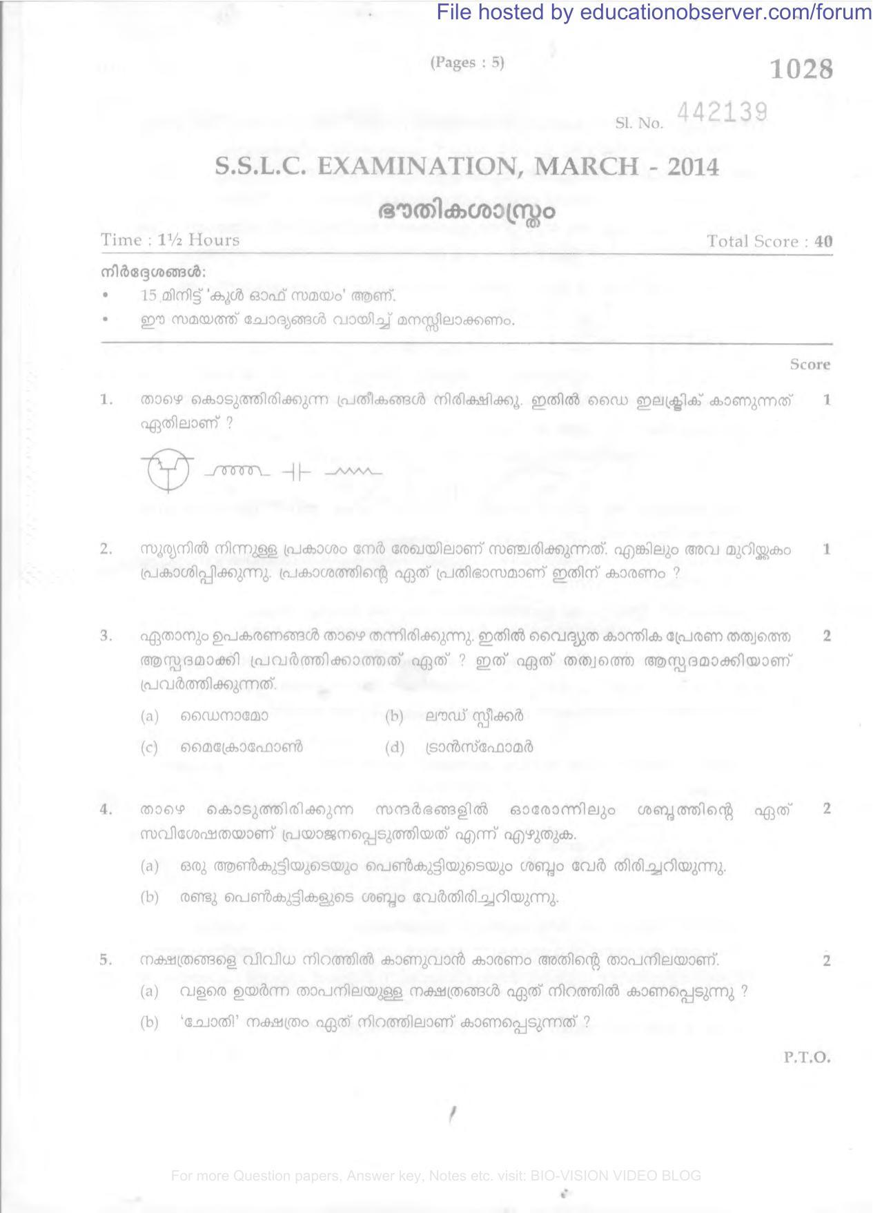 Kerala SSLC 2014 Physics Question Paper - Page 1