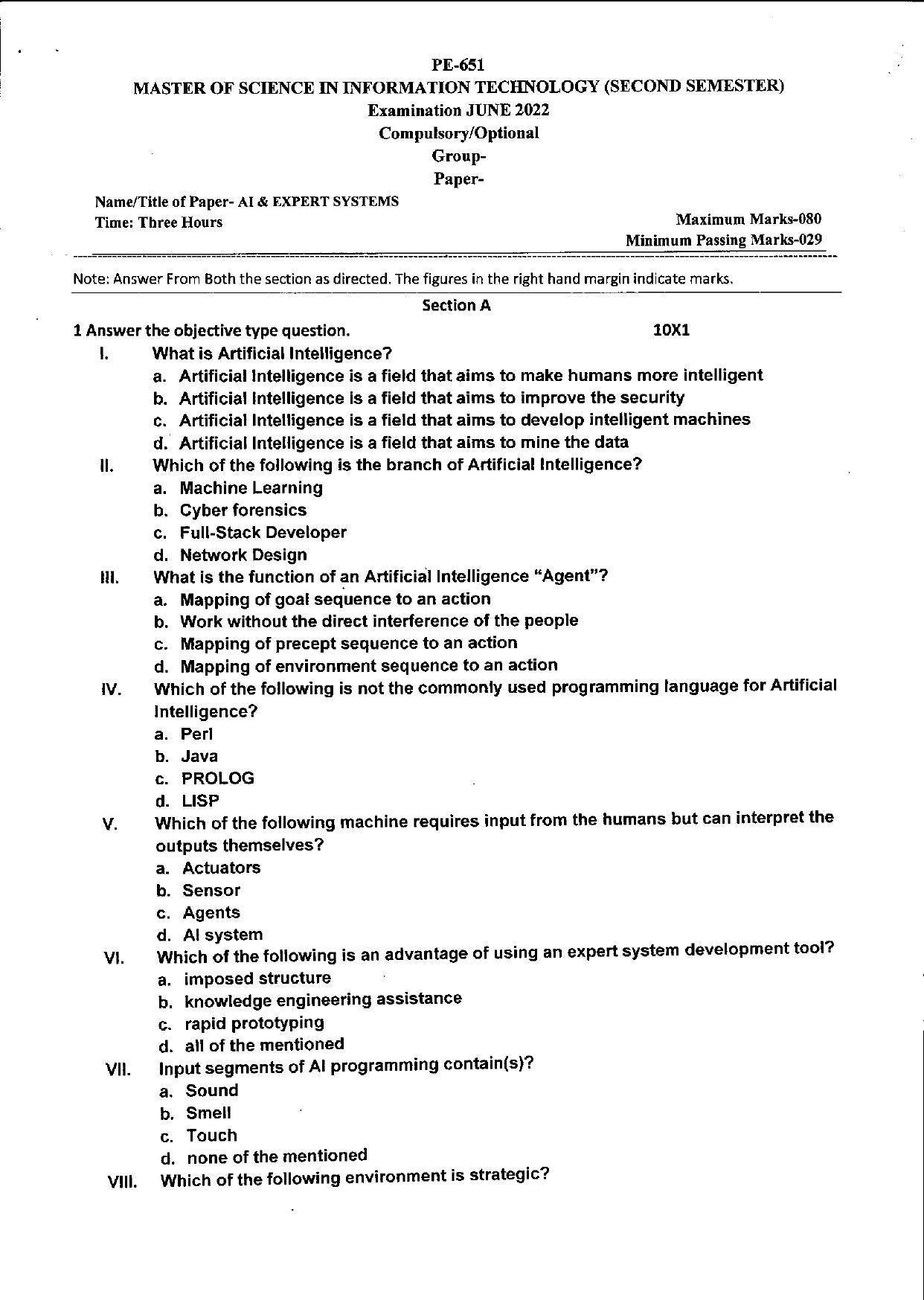 Bilaspur University Question Paper June 2022:Master of Science In Information Technology (Second Semester) AI & Expert Systems paper 1 - Page 1