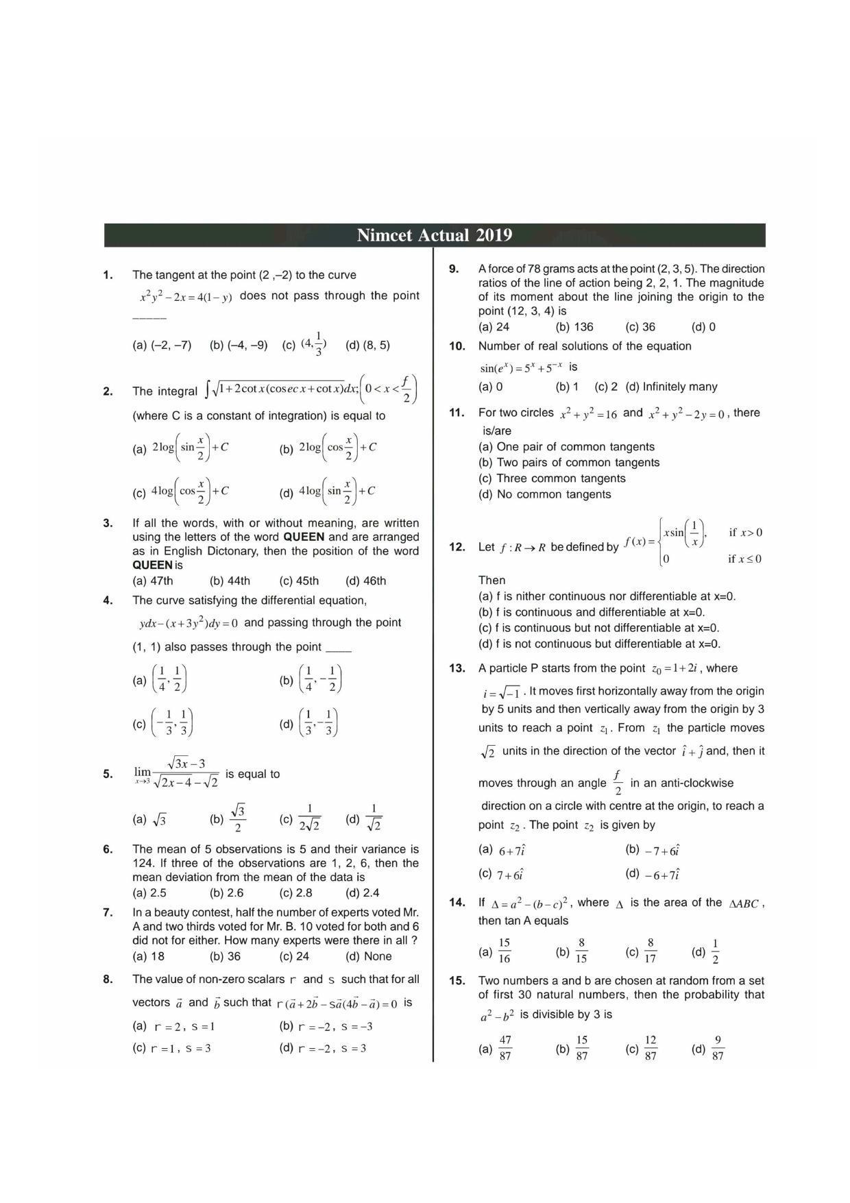 NIMCET 2019 Question Paper - Page 1