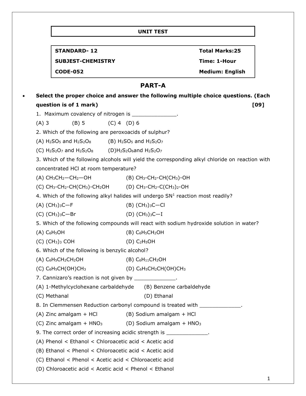 Gujarat Board Class 12th Question Paper 2020: STD_12_052_E-રસાયણ વિજ્ઞાન - Page 1