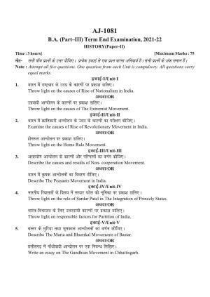 Bilaspur University Question Paper 2021-2022:B.A. Part-III (Three) Histrory Paper 2