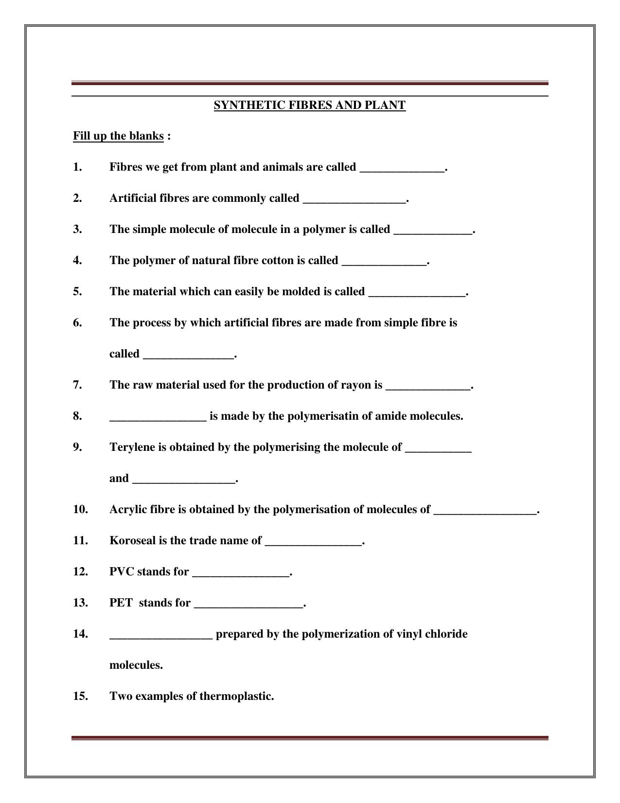 CBSE Worksheets for Class 8 Science Synthetic Fibers And Plant Assignment - Page 1