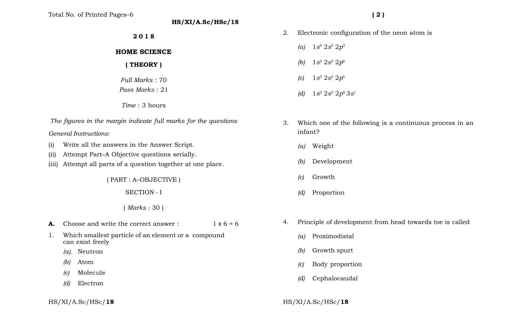 Meghalaya Board (MBOSE) Class 11 Home_Science 2018 Question Paper - Page 1