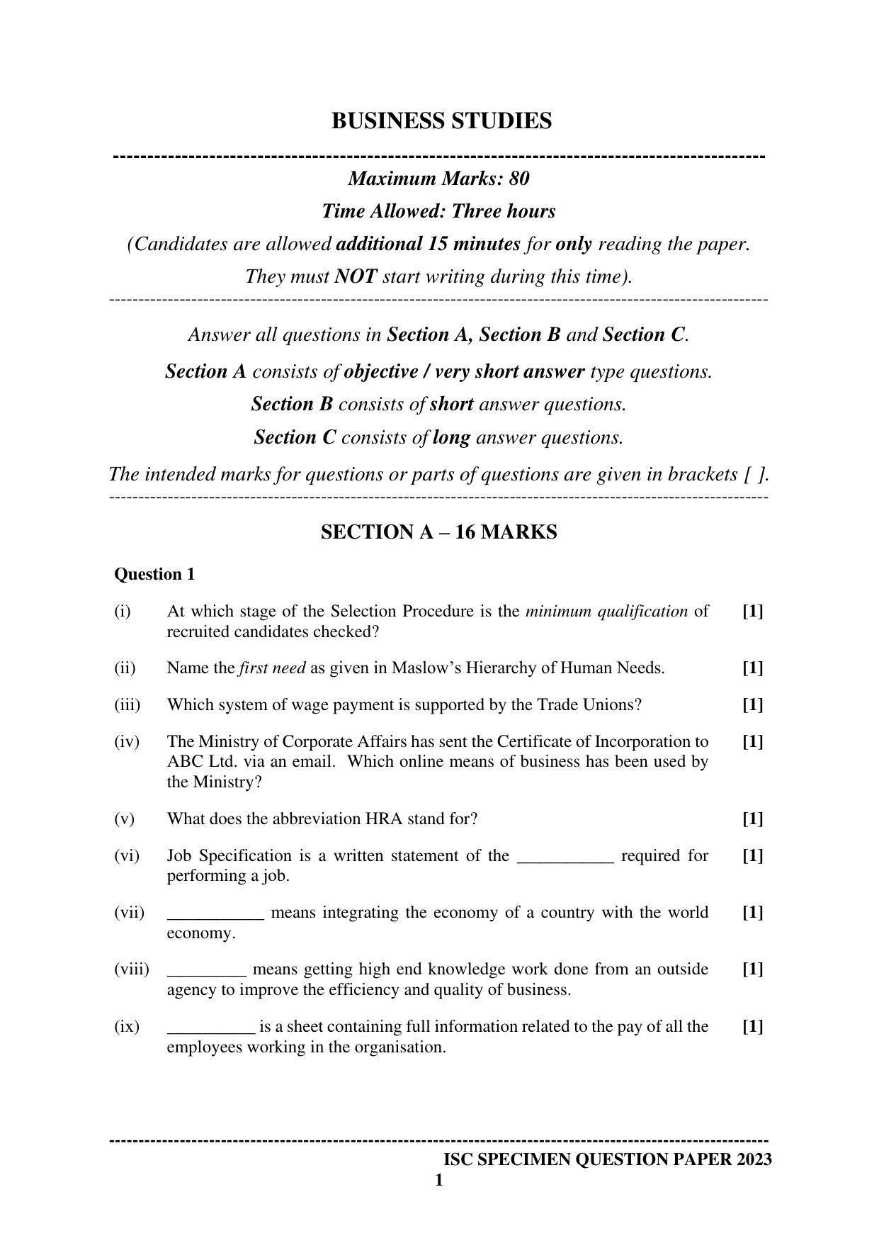 ISC Class 12 Business Studies Sample Paper 2023 - Page 1