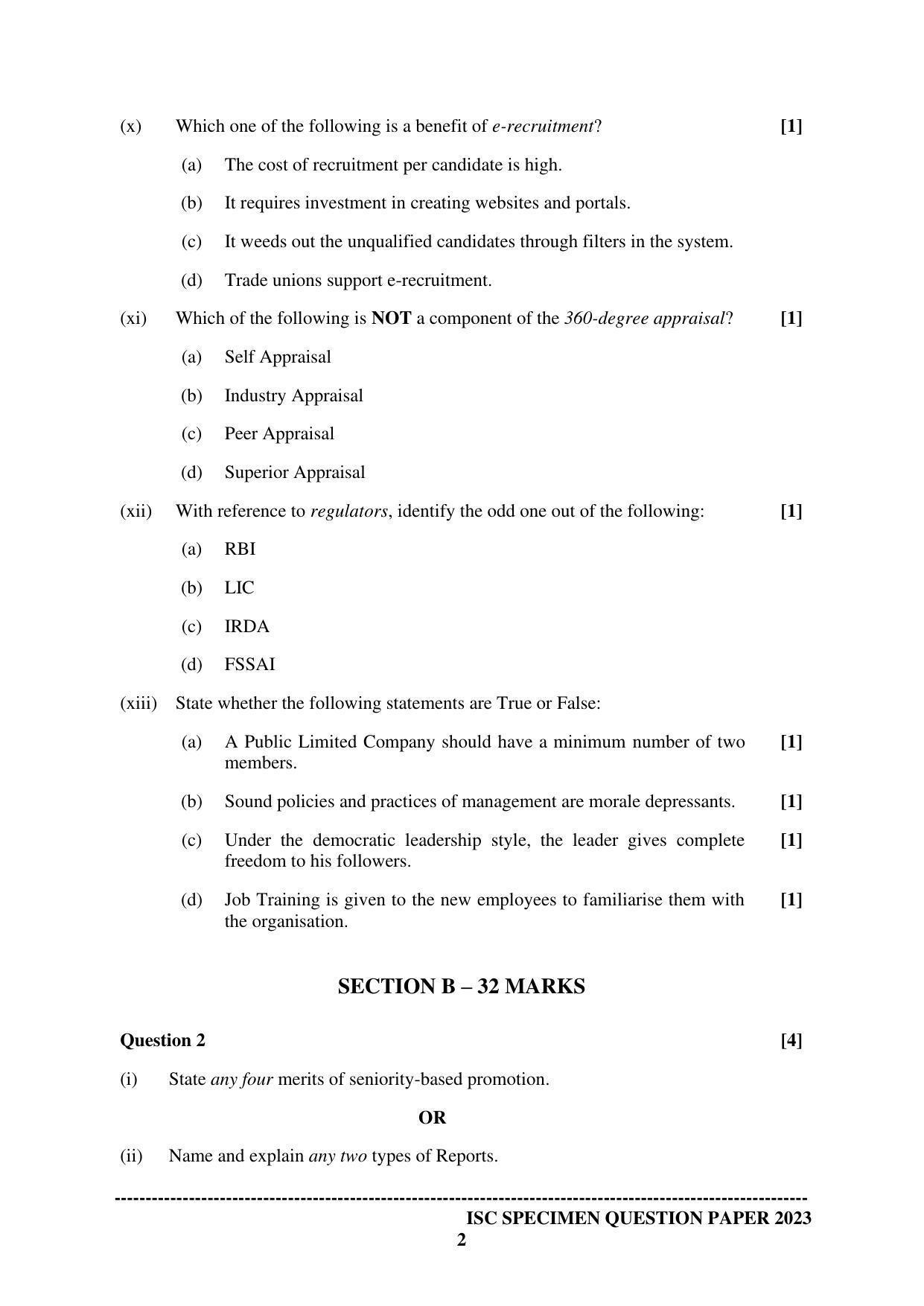 ISC Class 12 Business Studies Sample Paper 2023 - Page 2
