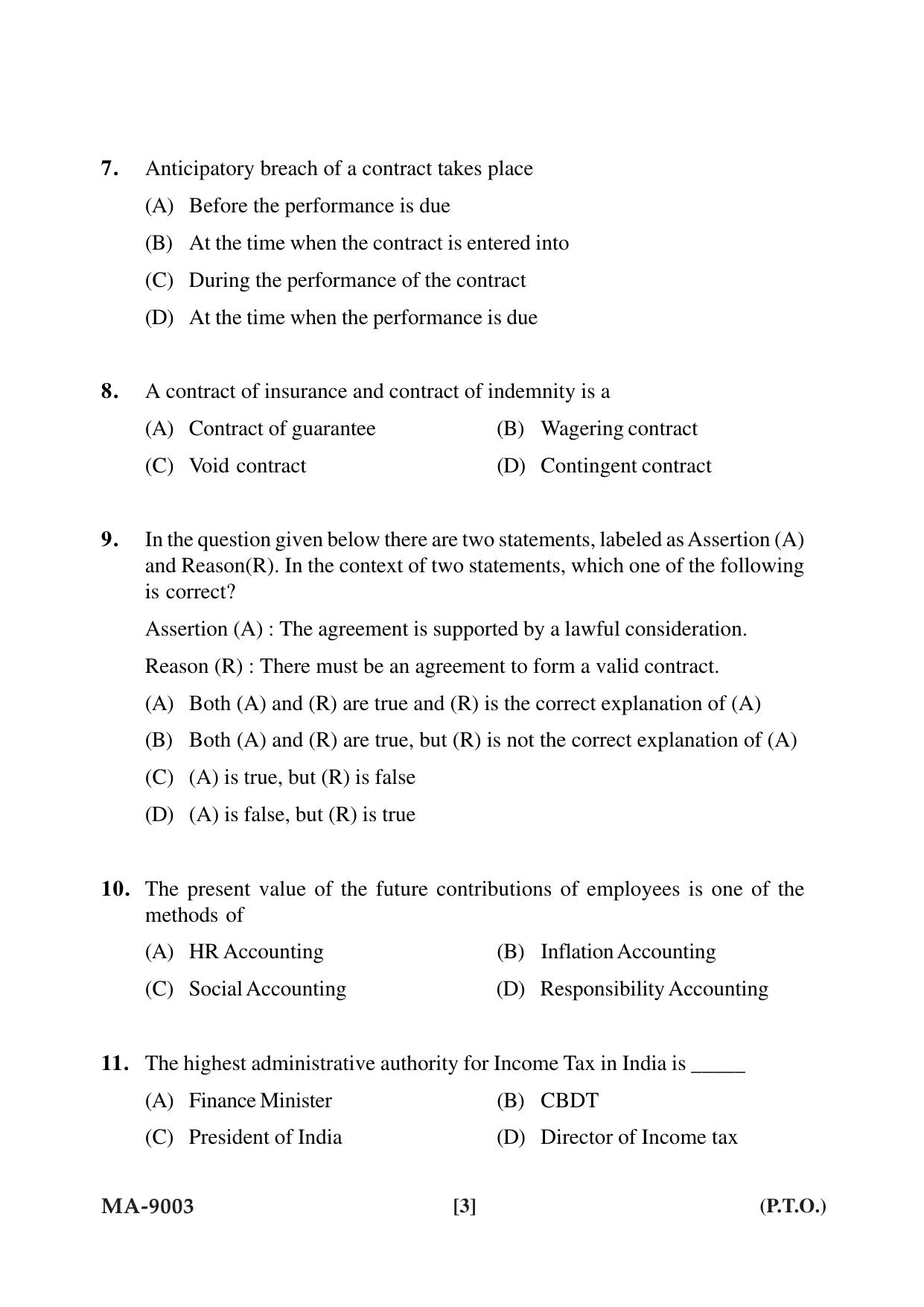 Mysore University PG Entrance Exam 2022: M.Com Comerce (Financial Service) Question Paper - Page 3